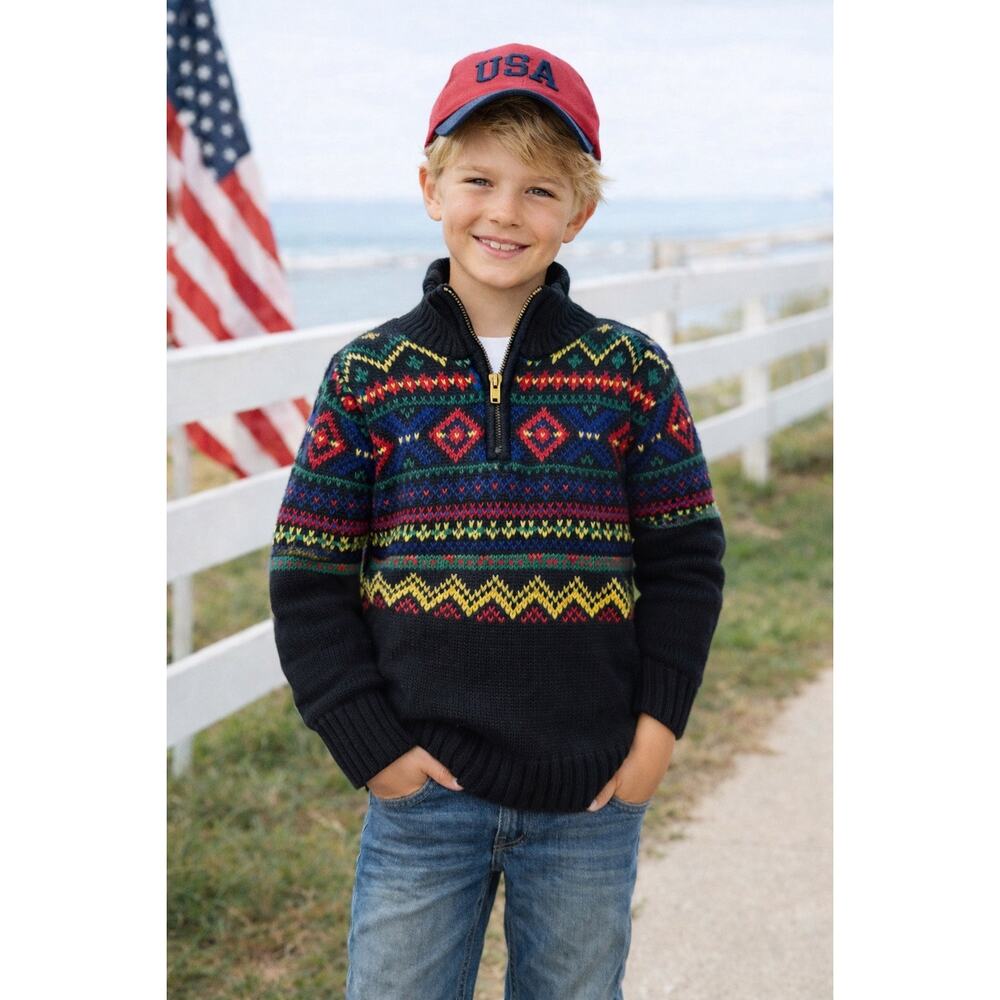 Polo Ralph Lauren Vintage Kid’s Boy’s Knit Quarter Zip Sweater Fair Isle 8